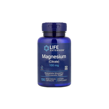 Life Extension Magnesium Citrate 100 mg, 100 vegetarian capsules, is a dietary supplement for cardiovascular, bone, and immune health.